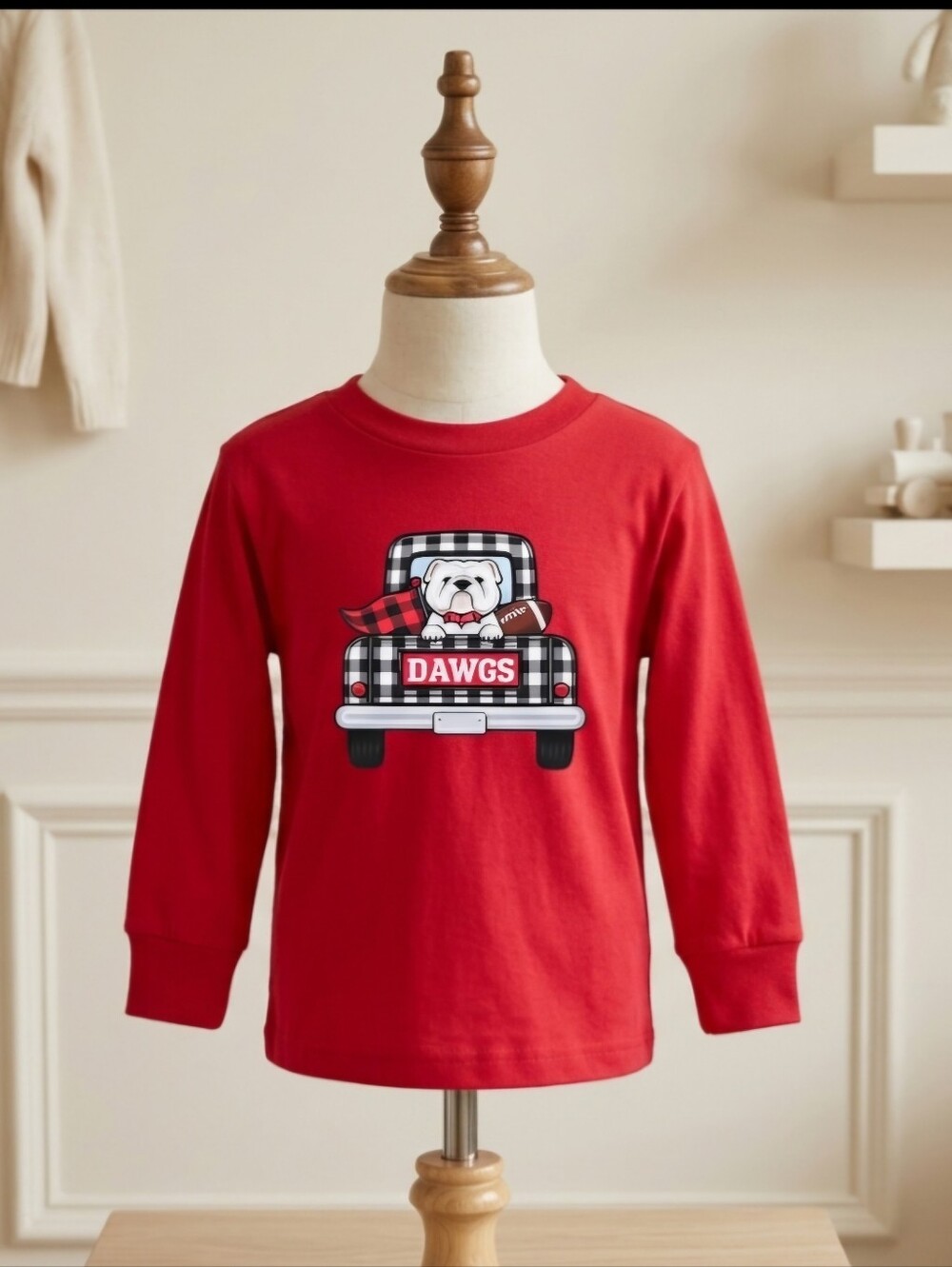 Red Bulldogs Gingham Pickup Truck Long-Sleeve T-Shirt | 2T